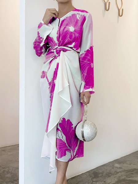 

Floral Regular Fit Crew Neck Elegant Dress, White, Midi Dresses