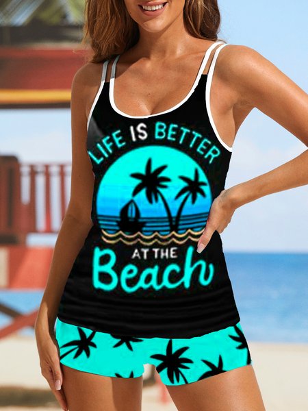 

Tropical Printing Scoop Neck Casual Tankini, Lake blue, swimwear>>Tankinis