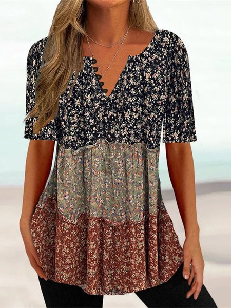

V Neck Floral Regular Fit Casual Shirt, Multicolor, Shirts & Blouses