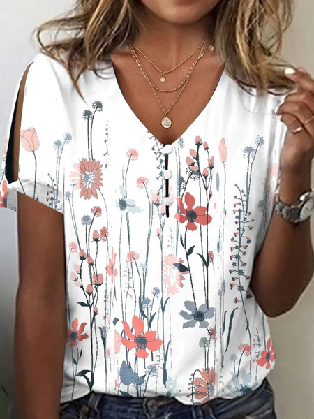 

Buttoned Knitted Floral Casual T-Shirt, White, T-Shirts