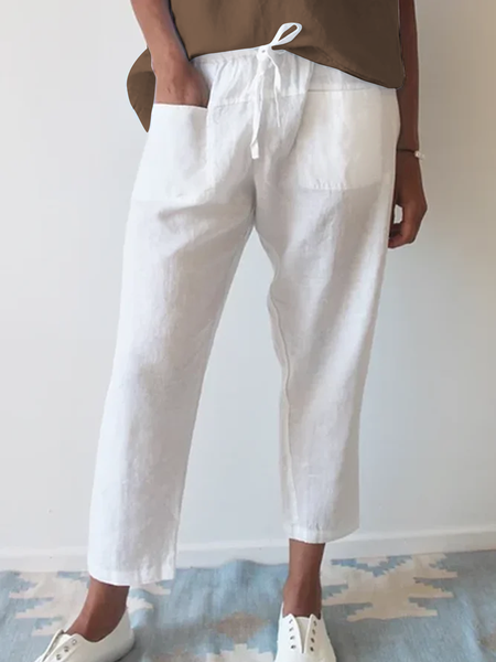 

Women's Cotton Linen Pocket Cropped Pants, White, Pants