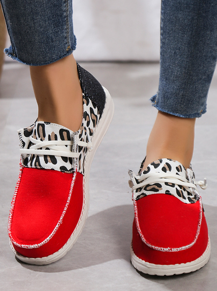 

Color Block,Leopard Denim Lace-Up Canvas Flats, Red, Sneakers