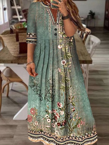 

Plus Size Half Open Collar Casual Floral Dress, Green, Dresses