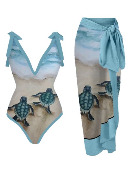 

Casual Animal Printing V neck One Piece With Cover Up, Blue, swimwear>>One-Pieces
