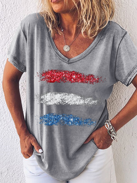 

Women's Abstract American Flag V Neck Simple Loose T-Shirt, Gray, T-shirts
