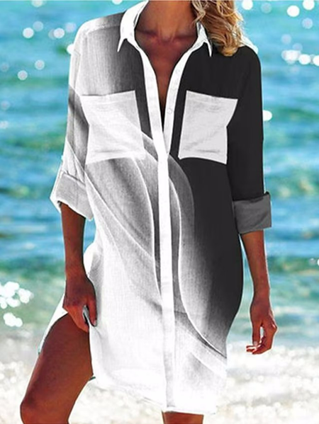 

Shirt Collar Ombre Pockets Linen Shirt Dress, Gray, Dresses