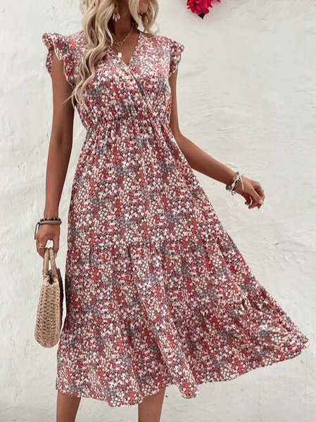 

Floral V Neck Loose Vacation Dress, Red, Dresses
