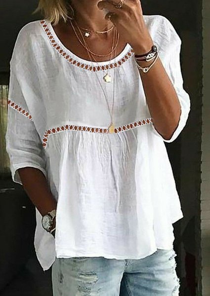 

Women Crew Neck Hollow Out Casual Three Quarter Sleeve White Linen Tunic Top, Tunics