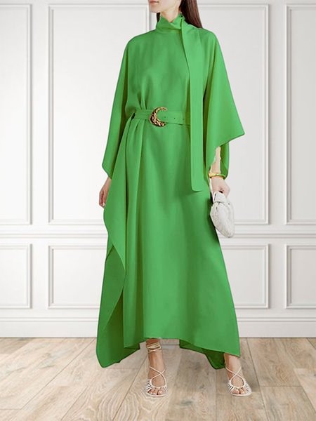 

Loose Elegant Stand Collar Plain Dress, Green, Maxi Dresses