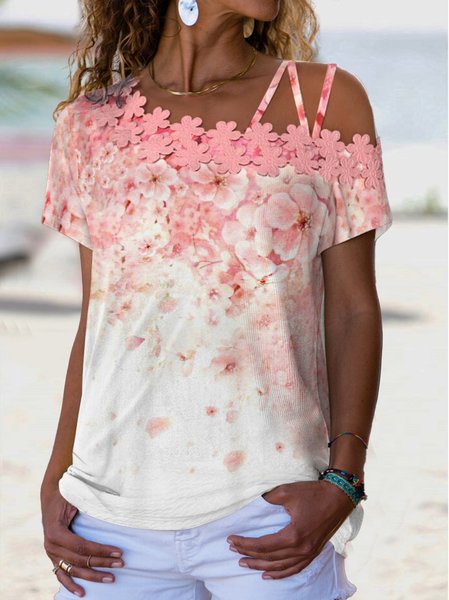 

Summer Casual Asymmetrical Loose Lace Floral Shirt, Pink, Shirts & Blouses