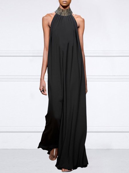 

Halter Elegant Loose Plain Long Dress, Black, Maxi Dresses