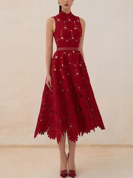 

Regular Fit Stand Collar Lace Elegant Party Dress, Red, Midi Dresses