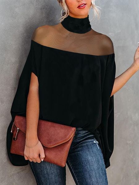 

Plus Size Plain Turtleneck Elegant Shirt, Black, Plus Tops