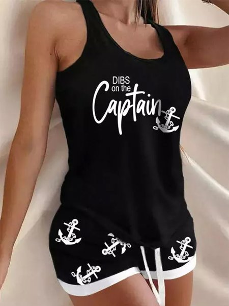 

Regular Fit Scoop Neck Casual Two-Piece Set, Black, Tops