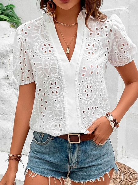 

Loose Plain Vacation Linen Eyelet Embroidery Puff Sleeve Blouse, White, Shirts & Blouses