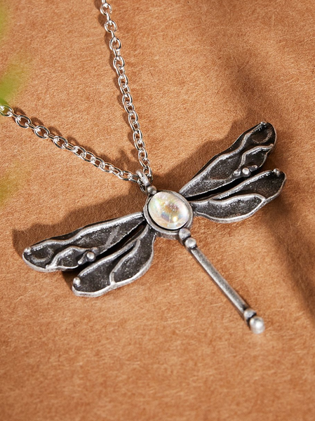 

Ethnic Natural Opal Dragonfly Pattern Pendant Necklace Everyday Vintage Jewelry, Silver, Necklaces