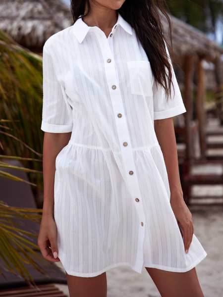 

Plain Simple Shirt Collar Loose Dress, White, Dresses