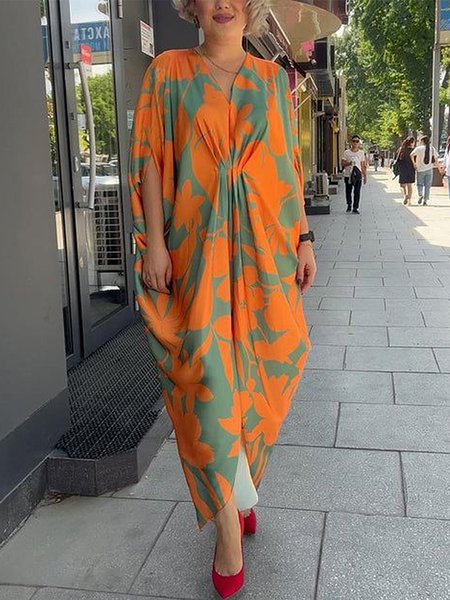 

Casual Floral No Elasticity Loose Dress, As picture, Midi Dresses