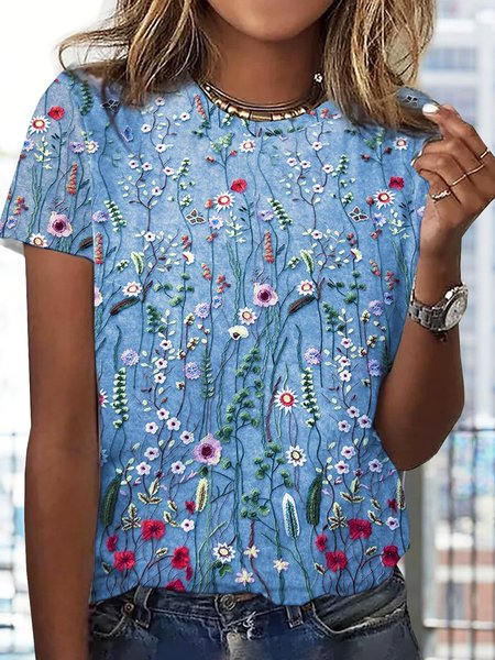 Jersey Floral Printed Casual Crew Neck T Shirt