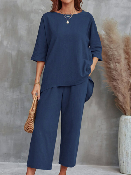 

Casual Loose Plain Two-Piece Set, Blue, Suits