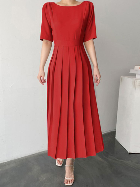 

Regular Fit Crew Neck Short sleeve Elegant Long Dress, Red, Maxi Dresses