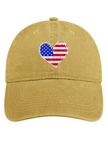 

America Flag Heart Pattern Denim Hat, Yellow, Women's Hats