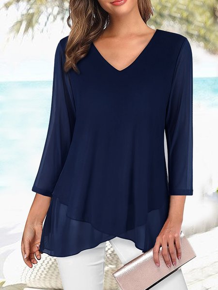 

Three quarter sleeve high elastic mesh sunscreen irregular tunic top, Navy blue, Shirts & Blouses