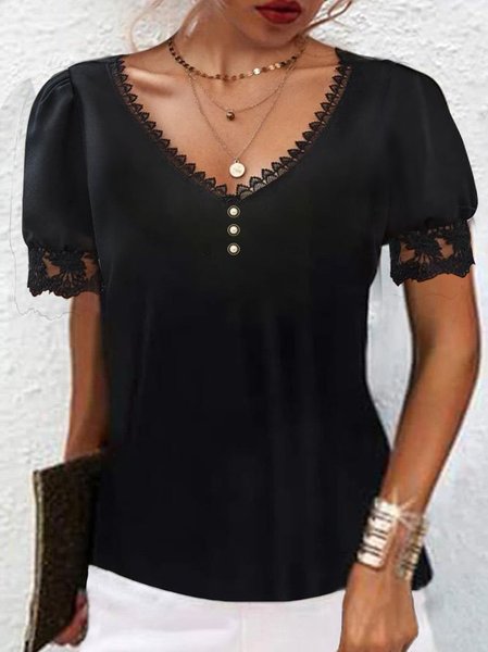 

Casual Lace Edge V Neck Knitted Shirt, Black, Shirts & Blouses