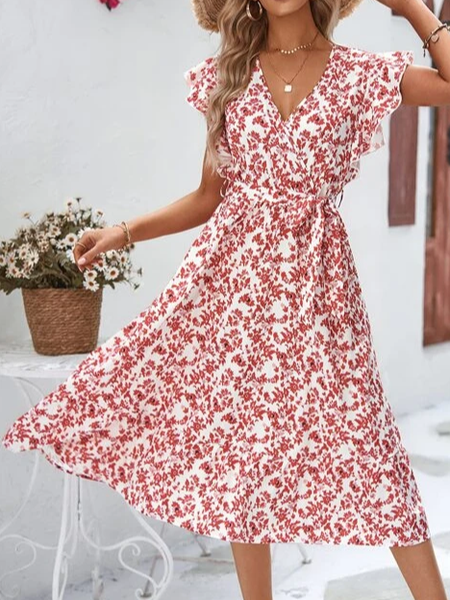 

V Neck Loose Vacation Dress, Red, Dresses
