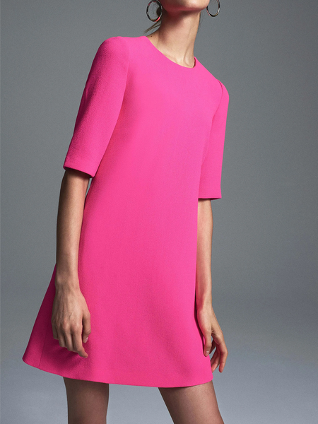 

Loose Plain Elegant Short sleeve Crew Neck Skirt Dress, Rose red, Mini Dresses