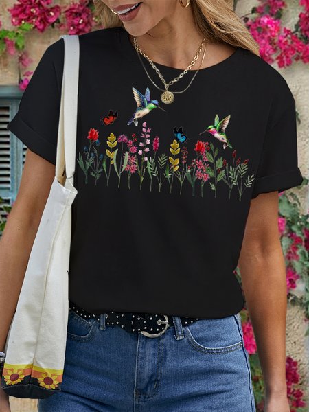 

Women's Hummingbird Cotton Garden Butterflies Print Casual T-Shirt, Black, T-shirts