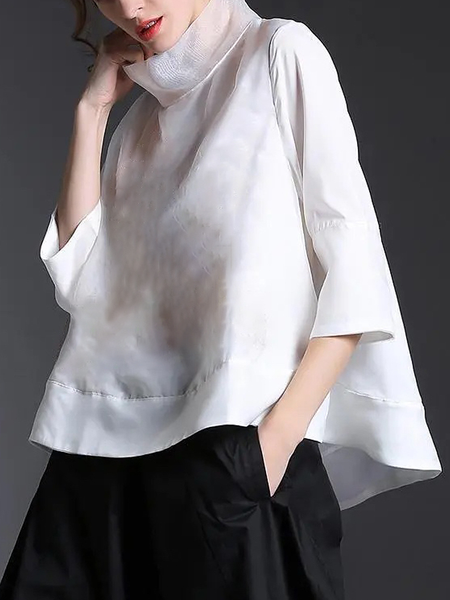 

Urban Loose Stand Collar Half sleeve Blouse, White, Blouses and Shirts