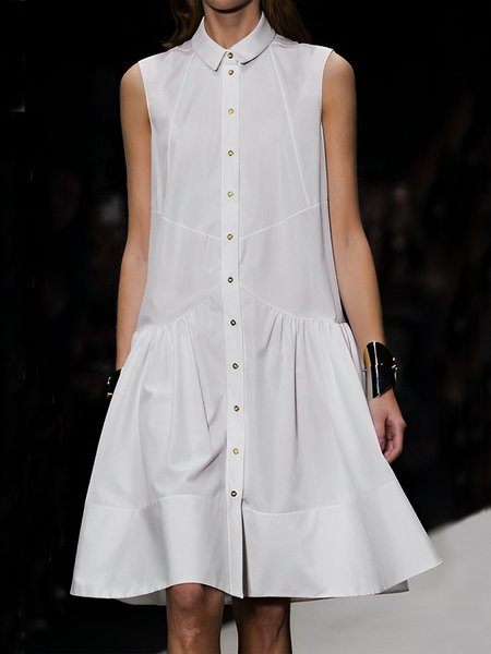 

Plain Loose Urban Shirt Collar Sleeveless Dress, White, Mini Dresses