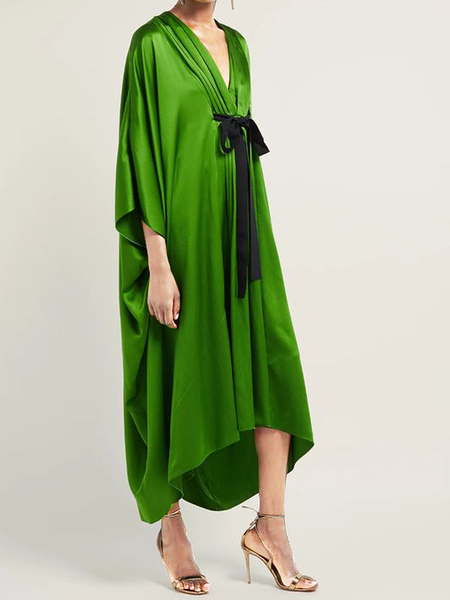 

Loose Elegant V neck Color Block Short sleeve Long Dress, Green, Maxi Dresses