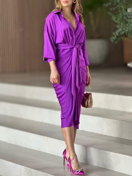 

Regular Fit Urban Plain Shirt Collar Dress, Purple, Midi Dresses