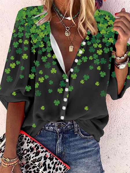 Casual Four Leaf Clover Printed Loose Blouse