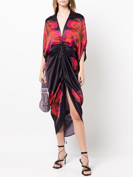 

Elegant V Neck Floral Loose Dress, Black, Midi Dresses
