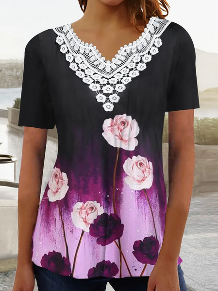 

Casual Floral Lace Edge V Neck Shirt, Black, Shirts & Blouses
