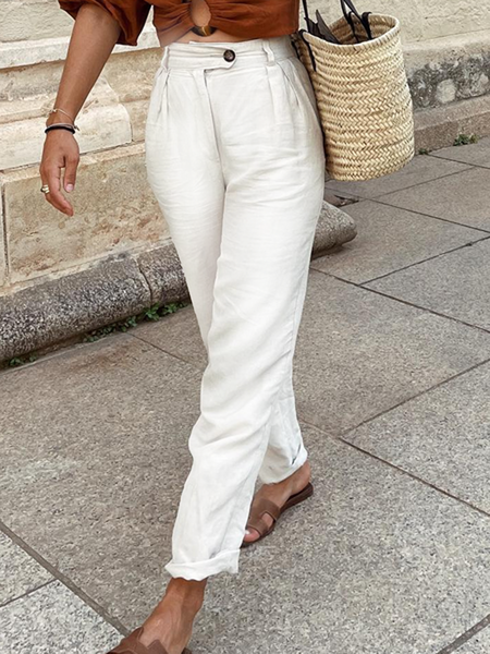 

Plain Cotton And Linen Linen Pants, White, Pants