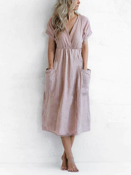 

V Neck Linen Cotton And Linen Zipper Dress, Pink, Dresses