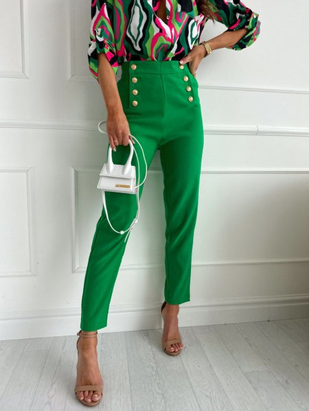 

Double Breasted Regular Fit Urban Plain Fashion Pants, Green, Pants