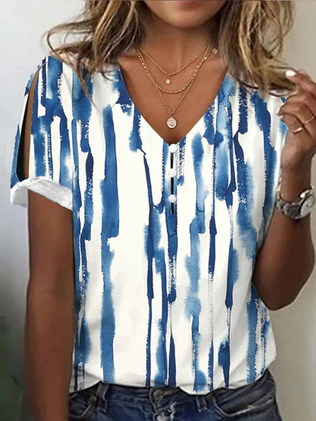 

Loose V Neck Geometric Casual T-Shirt, Blue, T-Shirts