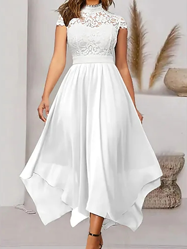

Plain Elegant Lace Half Turtleneck Dress, White, Formal Dresses
