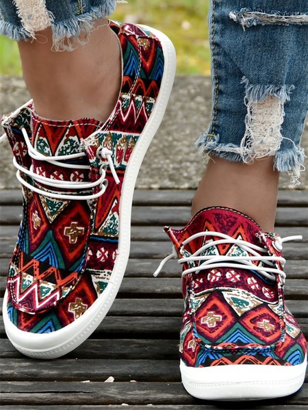 

Geometric Ethnic Graphic-Print Denim Lace-Up Canvas Flats, Red, Sneakers