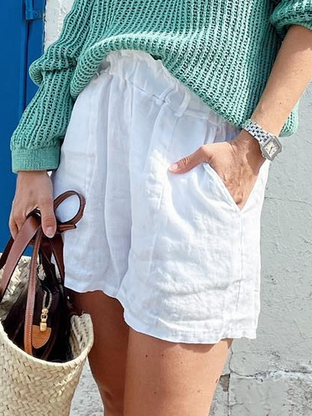 Plain Cotton And Linen Loose Linen Shorts, White, Shorts