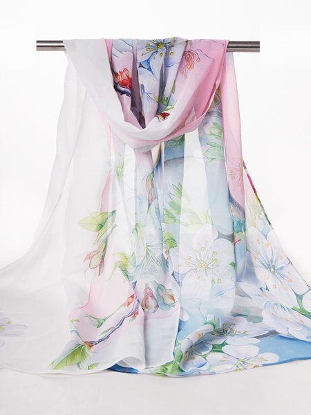 

Casual Silk Floral Butterfly Scarf Boho Vacation Women's Shawl, White, Women Scarves & Shawls