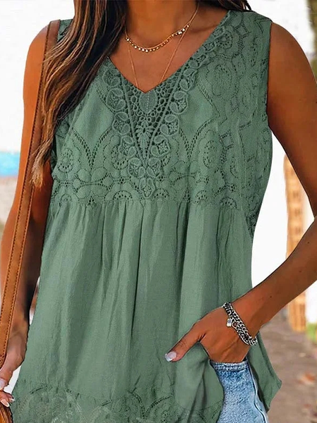 Casual Plain V Neck Lace Tank Top, Green, Tank Tops & Camis