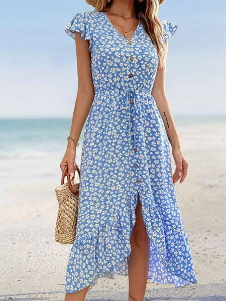 

Ruffled Sleeves Floral V Neck Buttoned Vacation Dress, Blue, Dresses