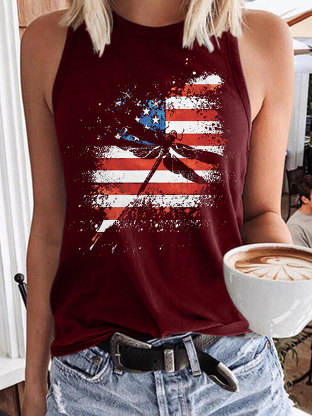 

Women's Dragonfly Independence Day Patriotic US Flag Casual Tank Top, Red, Tank Tops