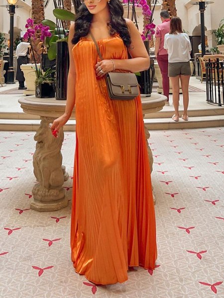 

Vacation Plain Spaghetti Sleeveless Maxi Dress, Orange, Maxi Dresses